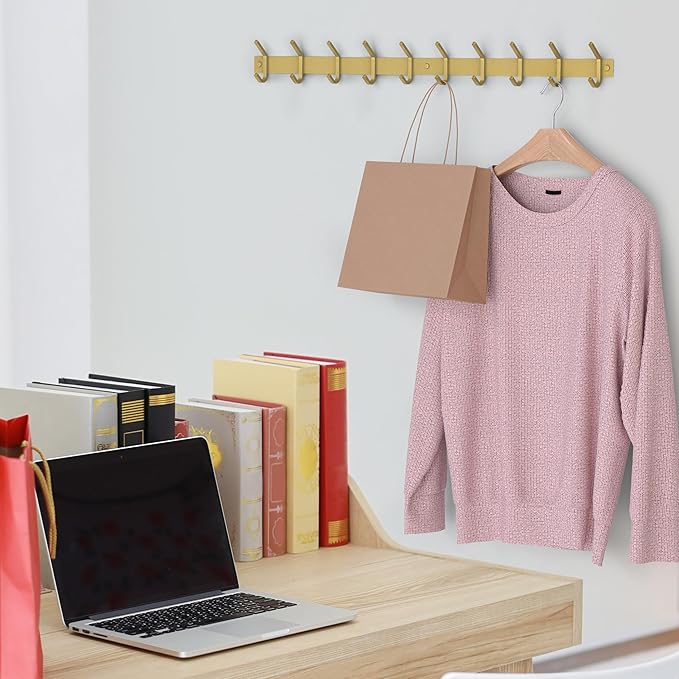 Brushed Gold Wall Mounted Coat Rack – 24 Inch Stainless Steel Rail with 8 Double Coat Hooks for Entryway, Bathroom, Bedroom, Kitchen – Modern Gold Hook Rack for Coats, Hats, Towels