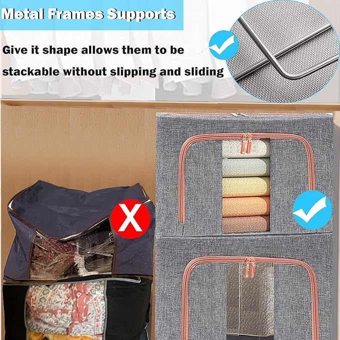 100L Large Storage Bags,Linen Stackable Clothes Storage Bins with Hold Shape Metal Frame,2 Opening Ways Fabric Visible Lidded Foldable Closet Organizers for Seasonal Clothing,Bedding (3, 100L)