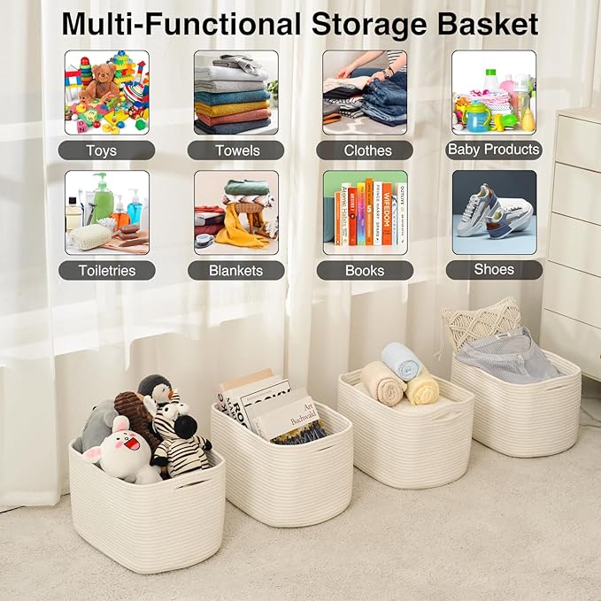 Storage Baskets for Organizing & Shelves, Woven Cotton Rope Organization Bins for Dog Toys, Clothes, Books, Nursery Organizer, 15" Lx11''Wx9.5''H, (4 Packs) Off White