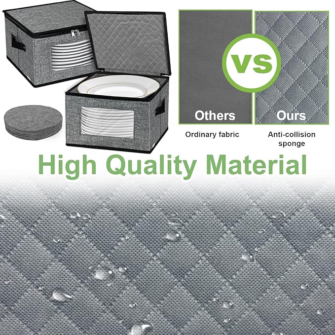 China Storage Containers, 12 Inch Dish Dinner Plate Storage Containers, Hard Shell Quilted Dinnerware Storage Box Case with Lids and Felt Protectors for Dishes Plates Storage and Moving (Dark Grey)