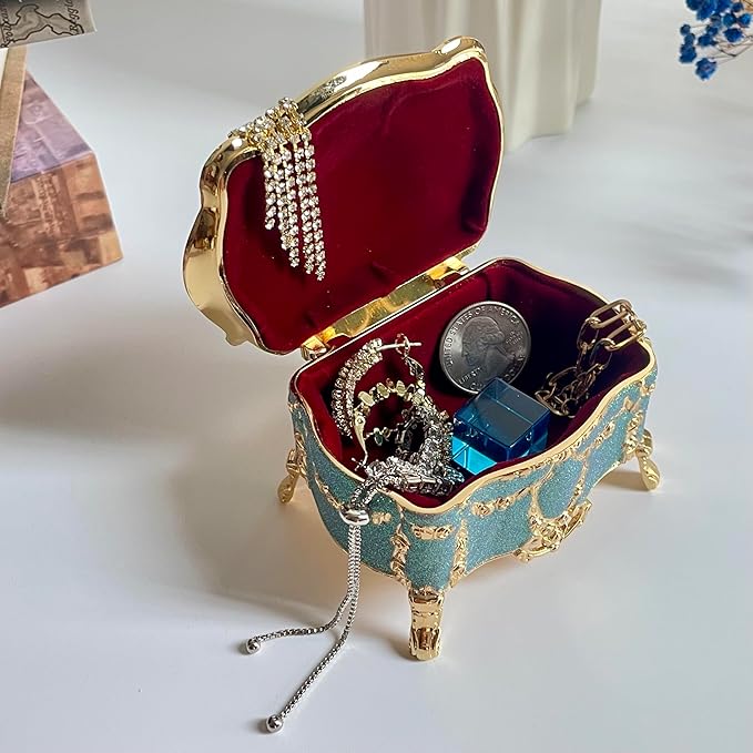 Truewon Princess Jewelry Box, Modern Korean Asian Design Metal Chest Earring Ring Necklaces Storage for Girls (Golden Blue-violet, Small)