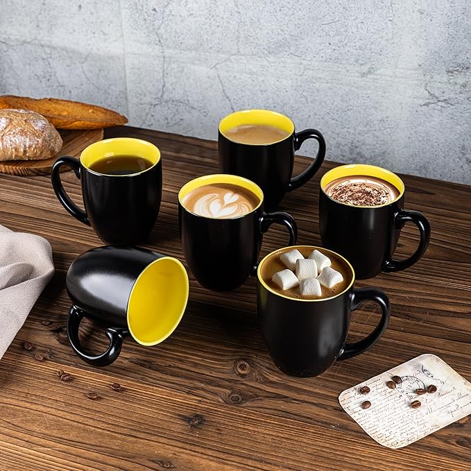 GBHOME 12oz Coffee Mugs Set of 6, Large Ceramic Coffee Mugs for Man, Woman, Dad, Mom, Modern Coffee Mugs Set with handle for Tea/Latte/Cappuccino/Milk/Cocoa. Dishwasher&Microwave Safe,Yellow