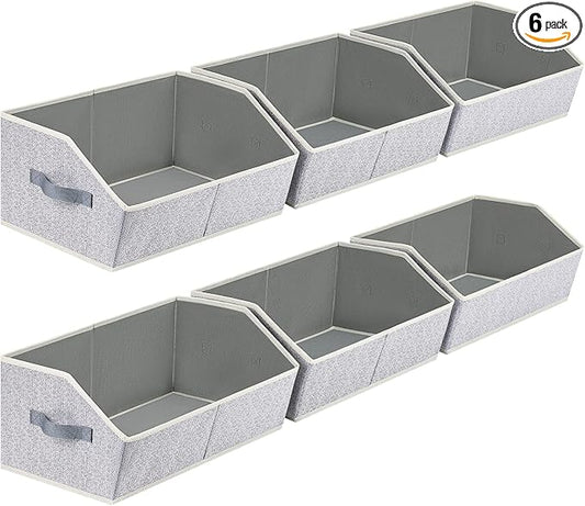 Closet Organizers Bins 6 Packs - Large Closet Shelf Organizer with Handles, Fabric Trapezoid Storage Bins, Collapsible Storage Cubes for Clothes, Towels, Light Gray
