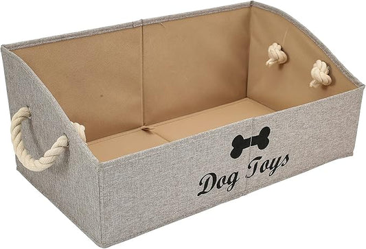 Geyecete Large Dog Toys Storage Bins - Foldable linen Trapezoid Organizer Boxes with weave Rope Handle, Collapsible Basket for Shelves (Light Brown-DOG)