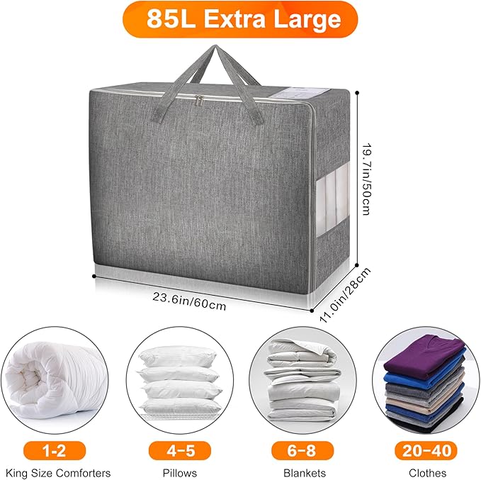 3 Pack 85L Comforter Storage Bags, Extra Large Bedding Storage Bags with Card and Clear Window, Reinforced Handles & Zippers, Foldable Closet Organizers for Blanket Pillow Clothes