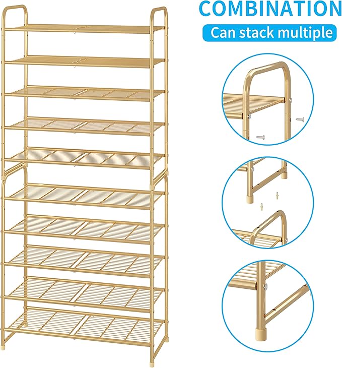 Simple Trending 5-Tier Stackable Shoe Rack, Expandable & Adjustable Shoe Organizer Storage Shelf, Wire Grid, Golden Yellow