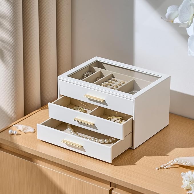 pickpiff Jewelry Box Organizer Case for Women: 3-Layer Jewelry Storage Case with Glass Window, Pure White Leather with Velvet Holder for Ring Necklace Bracelet Brooch Watch, Great Gift for Her