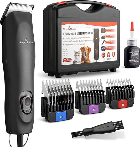 Professional Dog Clippers for Grooming | High-Performance 2-Speed Corded Shears for Thick, Curly Coats & Matted Hair | Low-Noise Pet Grooming Kit with Heavy Duty Hair Trimmer, Black