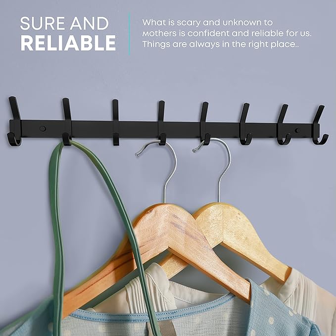 Matte Black Coat Rack Wall Mount – 24 Inch Stainless Steel Hook Rail with 8 Double Coat Hooks – Wall Mounted Entryway Organizer for Coats, Hats, Bags, Towels, Robes, Closet or Bathroom - 2 Pack