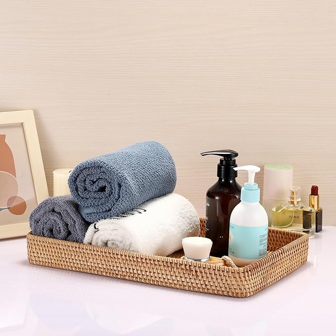 Hipiwe Rattan Serving Tray Large Wicker Storage Basket Tray for Organizing Rectangular Decorative Woven Trays Snacks Fruit Wicker Basket for Coffee Table Bathroom Home Decor,14.8"x 9.0"x1.8"