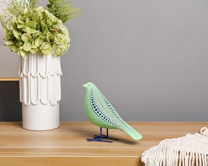 Quoowiit Bird Figurine, Modern Sculpture and Statues for Home Decor, Animal Statues for Bookshelf, Table, Entryway, Fireplace, Resin Decorative Sculpture with Chic Polka Dots Art Design (Green)