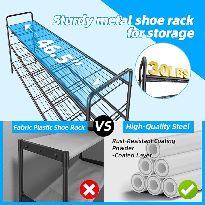 3 Tier Shoe Rack for Closet, 46.5 Inch Extra Long Shoe Storage Organizer for Shelves, Heavy Duty Metal, Easy Assembly, Black