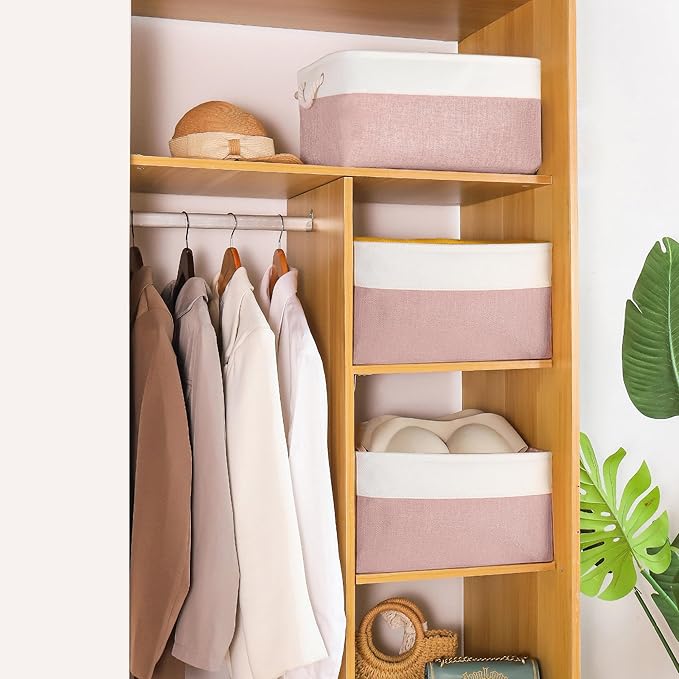 Storage Bins with Sturdy Cotton Handles(1 Pack), Fabric Storage Baskets for Organizing use for Office & Home, Book, Clothes, Toys, Closet Boxes (Medium, Pink-White, 14.2x10.2x7.1 inches)