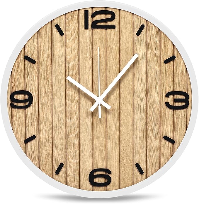 12 Inch Round Wall Clock Wooden - Battery Operated Silent Decorative Analog Clocks for Apartment, Bedroom, Kitchen, Entryway, Classroom - Fits Farmhouse/Modern Home Styles