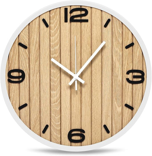 12 Inch Round Wall Clock Wooden - Battery Operated Silent Decorative Analog Clocks for Apartment, Bedroom, Kitchen, Entryway, Classroom - Fits Farmhouse/Modern Home Styles