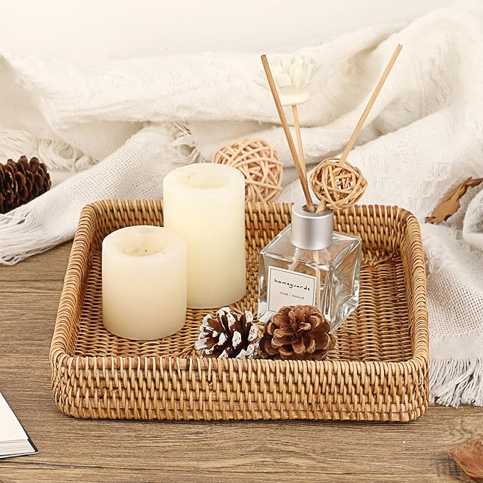 Hipiwe Key Basket Tray for Entryway Table Rattan Serving Tray Handwoven Wicker Baskets Vanity Trays Square Decorative Fruit Trays for Kitchen Counter Bedside Living Room Bathroom, 8.1"