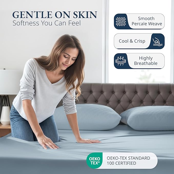 LANE LINEN Twin Fitted Sheets - 100% Organic Cotton 2-Piece Set (1 Fitted Sheet, 1 Pillowcase), Percale Weave, Bottom Sheet, Soft, Breathable, Fits Mattress Upto 15' Deep -French Blue (No Flat Sheet)