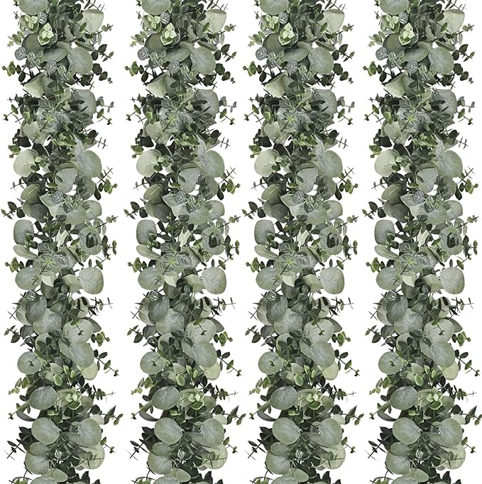 Dolicer 4 Packs 6FT Artificial Eucalyptus Garland, Faux Greenery Garland Hanging Fake Silver Dollar Eucalyptus Leaves Vines for Wedding Backdrop Arch Table Wall Party Home Decor