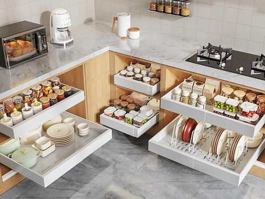 6 Pack Pull Out Cabinet Organizers 21" Deep With Raising Pad for Framed Cabinets, Expandable Slide Out Drawers with 4pcs Divider Racks, Roll Out Shelves, Adjustable Width 12"-20.45" White