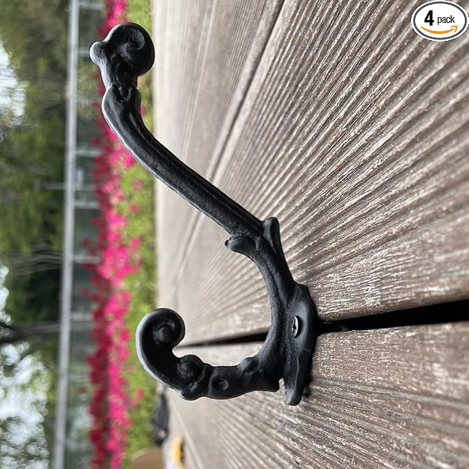 4 Pack Cast Iron Wall Hooks Antique Vintage Rustic Farmhouse Coat Hooks, Great for Coats, Bags, Towels, Hats, Mounting Screws Included