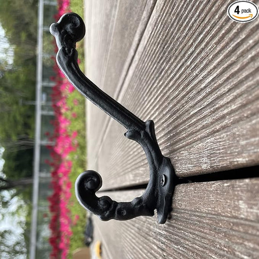 4 Pack Cast Iron Wall Hooks Antique Vintage Rustic Farmhouse Coat Hooks, Great for Coats, Bags, Towels, Hats, Mounting Screws Included