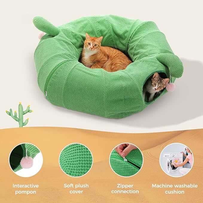 PEQULTI Cat Tunnel, Cactus Cat Tunnel with Flower Bed for Indoor Cats, Cat Donut Tunnel, Round Tube Toys Cute Tube for Kittens, Puppies, Rabbits and Ferrets, Green
