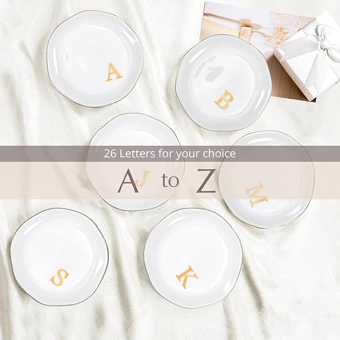 ProCase Ceramic Jewelry Tray, Initial Ring Dish Trinket Plate Engagement Gift, Small Personalized Monogram Ring Bowl for Wedding, White Decorative Jewelry Holder for Women Vanity -Letter I