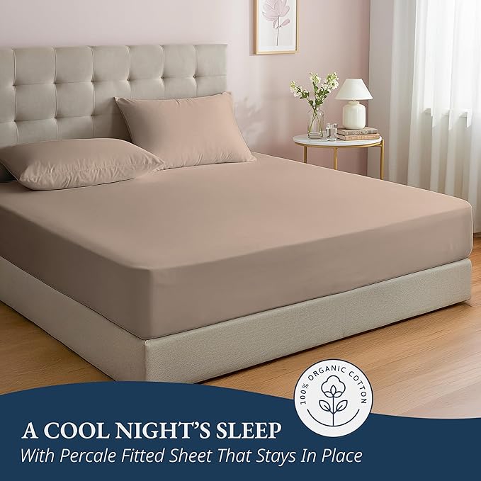 LANE LINEN 100% Organic Cotton Twin Fitted Sheet & Pillowcase Set, Percale Weave, Ultra Soft, Breathable, Fits Mattress Up To 15" Deep - Taupe (No Flat Sheet)