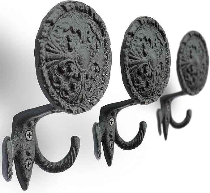 Ambipolar 3-Pack Fleur de lis Plate Style Coat Hooks, Vintage Black Hooks for Coats, Hats, and More, Sturdy Cast Iron Construction, Rustic Farmhouse Theme, Easy Installation Versatile and Durable