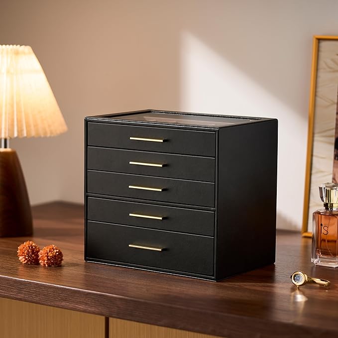 pickpiff Jewelry Box Organizer Case for Women: 5-Layer Jewelry Storage Case with Glass Window, Black Leather with Blush Velvet, Holder for Ring Necklace Bracelet Brooch Watch, Great Gift for Her