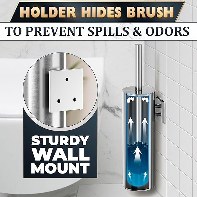 Silver Modern Toilet Brush and Holder Set with Wall Mount - Stainless Steel Toilet Brush with Holder - Removable Inner Bowl, Shiny Design, Splash Protection & Dense Bristles for Bathroom Cleaning