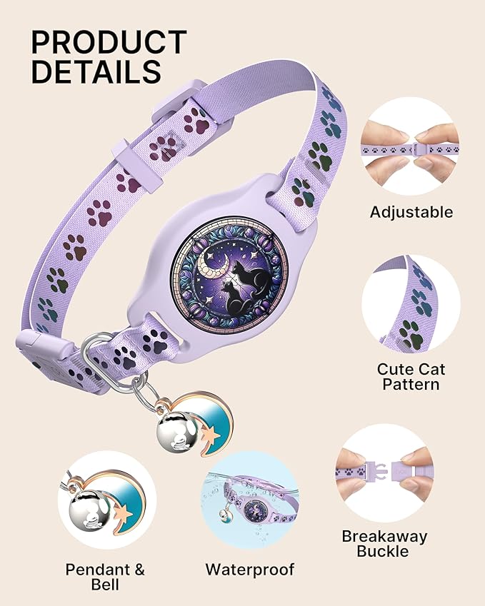 Cat Collar with Airtag Holder, 2 Pack Waterproof Breakaway Kitten Collar for Apple AirTag GPS Tracker, Adjustable Cat Collar with Buckle, Bell & Reflective Pattern for Cats, Kittens, Purple (8-11")