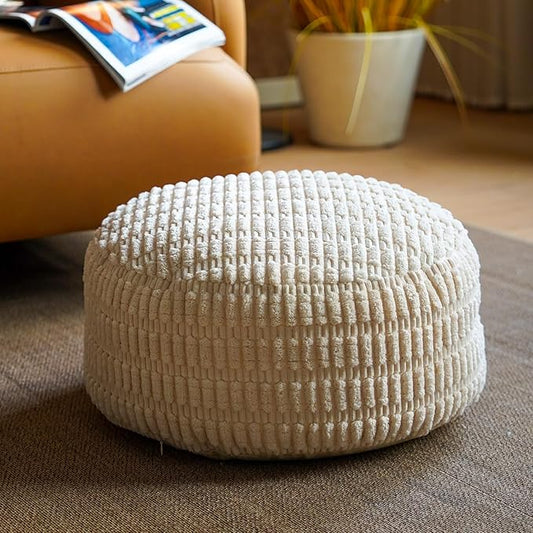 Unstuffed Pouf Ottoman Cover Soft Storage Extra Seat Farmhouse Comfortable Bohemian Poufs Accent Footrest 20x20x8 Inches for Living Room Bedroom Study Nook (Beige, Round)