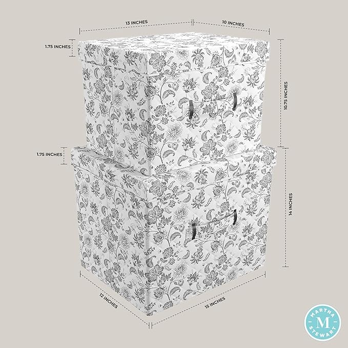 Martha Stewart Essential Collapsible Stackable Decorative Home Storage Organization With Lidded Tops, Set of 2 Nesting Boxes with Lids, Bedford Floral