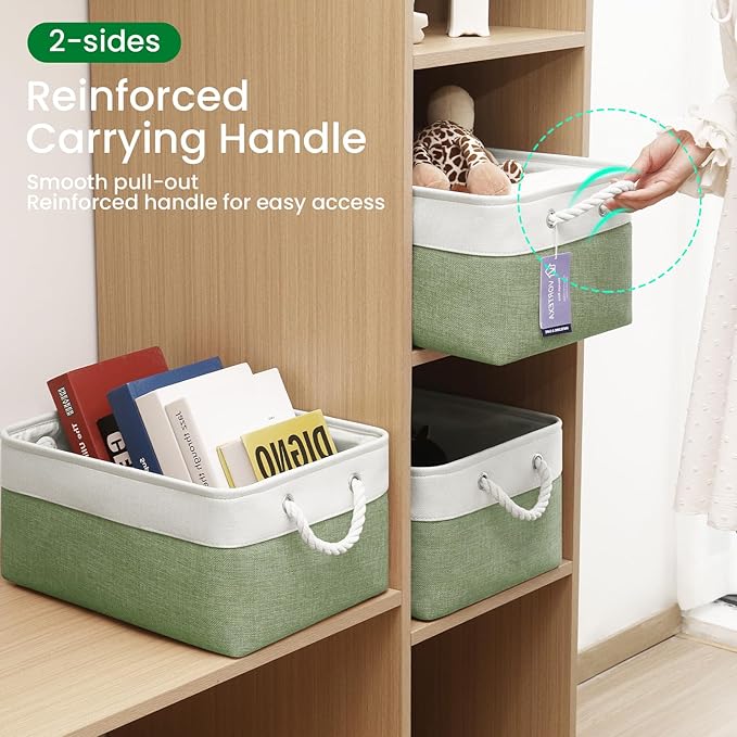 Storage Baskets, Fabric Storage Bins, Versatile Storage Baskets for Shelves with Handles, Large Closet Organizers for Shelves, Clothing, Toys, Books (3-Pack 15.7x11.8x8.2 inch, White&Green)