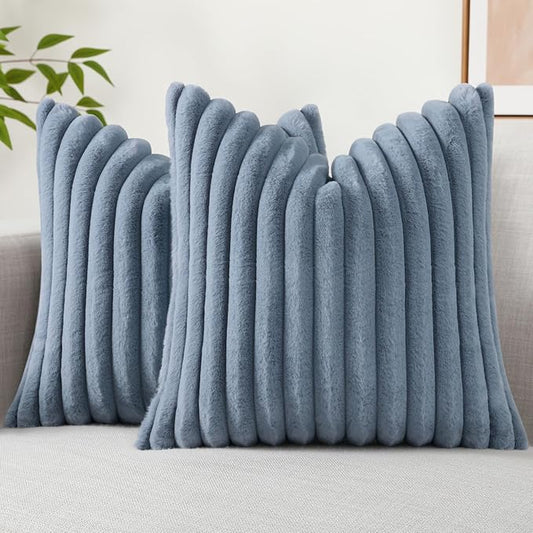 decorUhome Faux Fur Spring Throw Pillow Covers 24x24 Set of 2, Decorative Soft Plush Striped Neutral Couch Euro Sham Pillow Covers with Velvet Back for Sofa, Bed, Living Room Home, Grey Blue