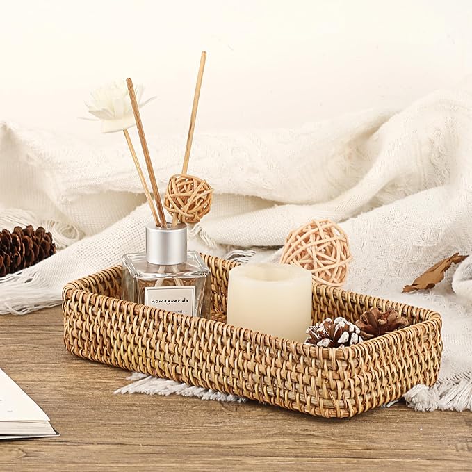 Hipiwe Key Basket for Entryway Table Natural Rattan Serving Tray Small Wicker Trays for Decor Fruit Bowl Decorative Baskets for Kitchen,Coffee Table