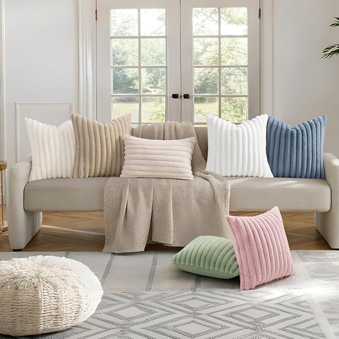 decorUhome Faux Fur Spring Throw Pillow Covers 16x16 Set of 2, Decorative Soft Plush Striped Neutral Couch Pillow Covers with Velvet Back for Sofa, Bed, Living Room Home, White