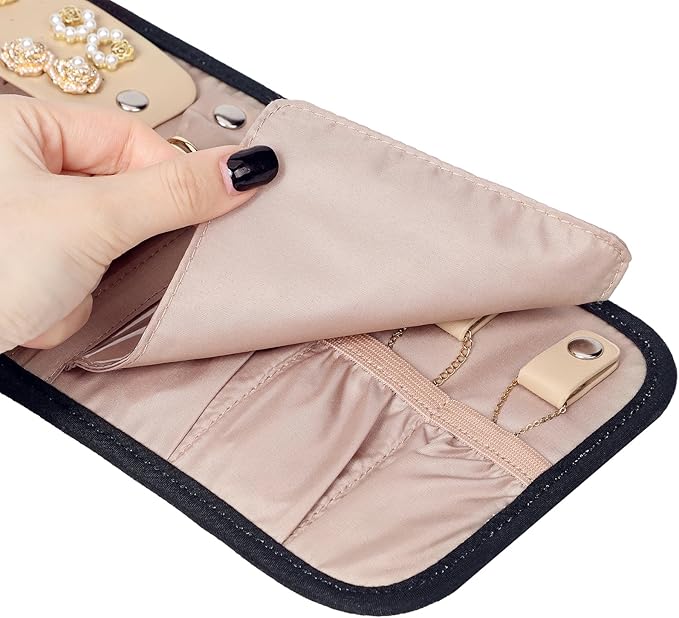BELALIFE Travel Jewelry Case Organizer, Small Foldable Storage Roll for Earrings, Necklaces, Rings, Bracelets, Brooches, Black