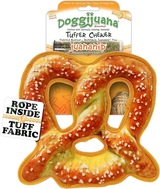 Doggijuana Tuffer Chewer Plush Dog Toy | Funny Dog Toy Plush with Juananip Catnip for Dogs | Calming Aid for Dogs | Interactive Squeaky Chew Toy for Play (Pretzel)