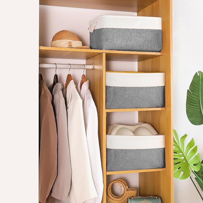 Storage Bins with Sturdy Cotton Handles(1 Pack), Fabric Storage Baskets for Organizing use for Office & Home, Book, Clothes, Toys, Closet Boxes (Medium, Grey-White, 14.2x10.2x7.1 inches)
