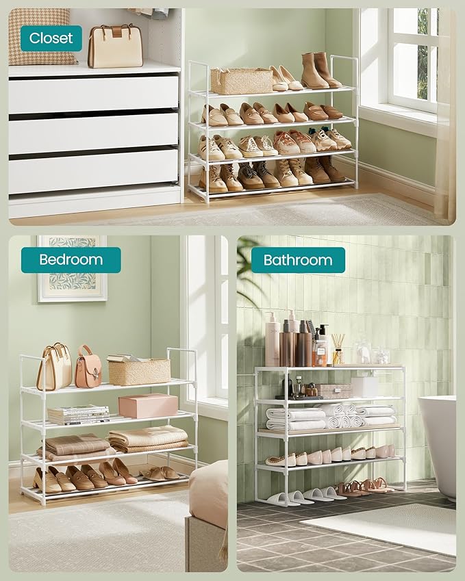 SONGMICS Shoe Rack, 4-Tier Shoe Organizer, Metal Storage Shelf, Upright or Upside Down, for 20-25 Pairs, Stackable, for Entryway, 11.8 x 36.2 x 29.1 Inches, Pearl White ULSA014WK01
