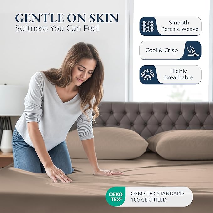 LANE LINEN King Fitted Sheet, 100% Organic Cotton, 3-Piece Set (1 Fitted Sheet,2 Pillowcases), Percale Weave, Ultra Soft, Breathable,Fits Mattress Upto 15" Deep - Taupe (No Flat Sheet)