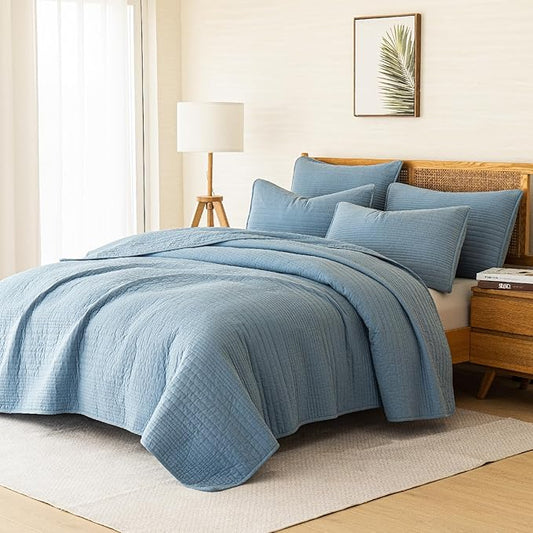 100% Cotton Queen Quilt Set 3-Piece,Bedspread Set and 2 Pillowcases, Lightweight and Textured,All-Season Lightweight Queen Comforter Bedding Set（Blue）