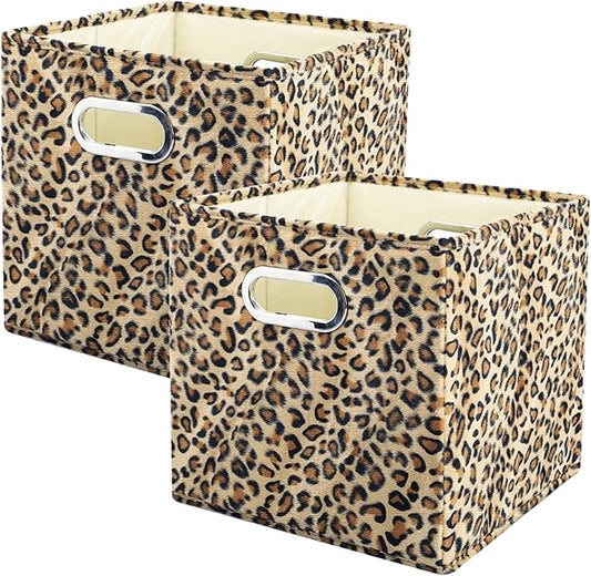 ANMINY 2PCS Storage Cubes Leopard Cheetah Print Velvet Fabric Storage Bins for Shelves, Collapsible Washable Closet Storage Baskets Boxes with Handles for Organizing and Storage -Brown, 11"x 11"x 11"