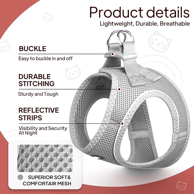 TwoEar Cat Harness Escape Proof, Soft Dog Vest Harness Adjustable, Breathable Mesh Step-in Puppy Walking Jacket Reflective Easy Control for Extral Small Pets for Outdoor Walking(XXS, Grey)