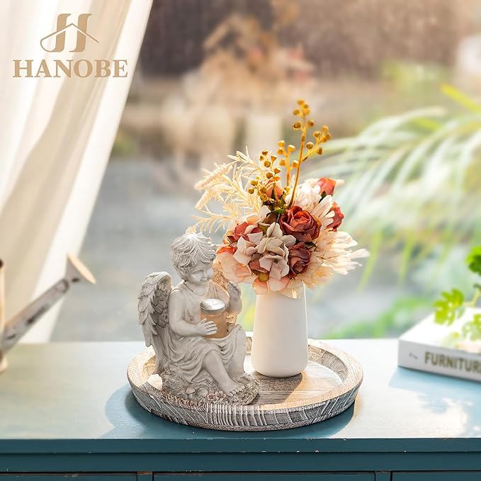 Hanobe Decorative Tray for Coffee Table: Round Candle Plate Holder Centerpieces for Dining Room Kitchen - Wooden Farmhouse Tray Vintage Home Decor