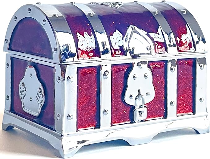 Retro Jewelry Box Arched Vintage Rectangular Metal Chest Necklace Ring Earrings Storage Case for Women Girls (Chrome Transparent Red, S)