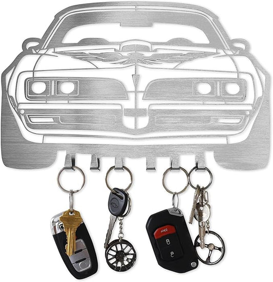 MOOH Key Holder for Wall - Metal Automotive Key Holder With 6 Hooks - Unique Car Gift for Men, Women, Car Lovers & Enthusiasts - Cool Man Cave Decor (Pontiac Firebird 1977, Stainless Steel)