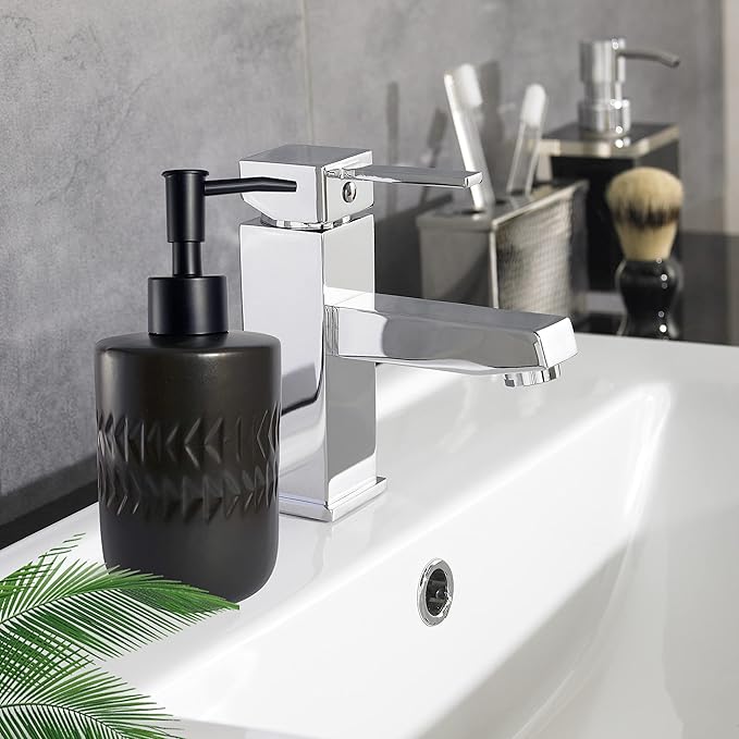 Black Soap Dispenser for Bathroom,Cylindrical Lotion Dispenser,12oz Ceramic Relief Hand Dish Soap Dispenser,Refillable Liquid Dispenser for Kitchen,Matte Black Pump(Relief Black)